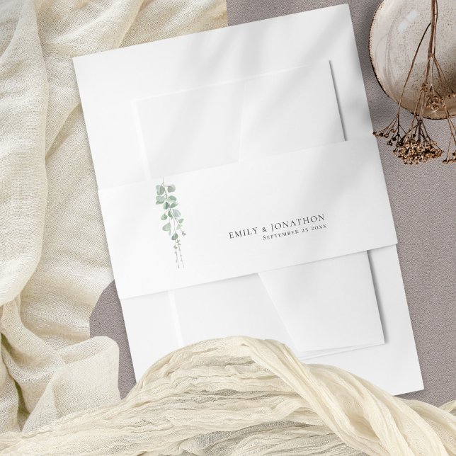 Sage Green Eucalyptus Script-Namen Hochzeit Einladungsbanderole (Belly Band Portrait)