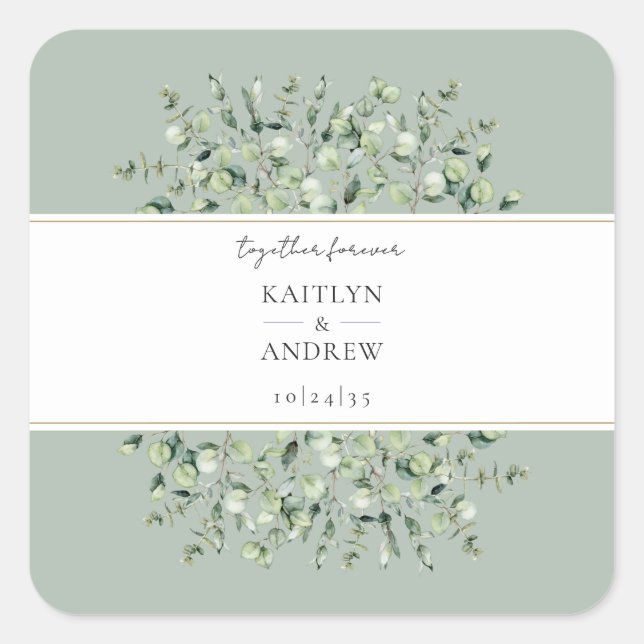 Sage Green Eucalyptus Together Forever Wedding Quadratischer Aufkleber (Vorderseite)