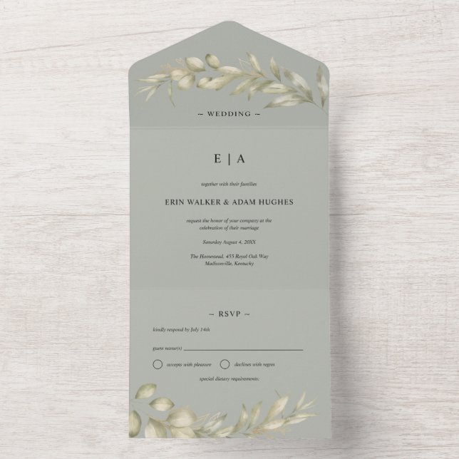 Sage Green Eucalyptus Wreath Wedding All In One Einladung (Innen)