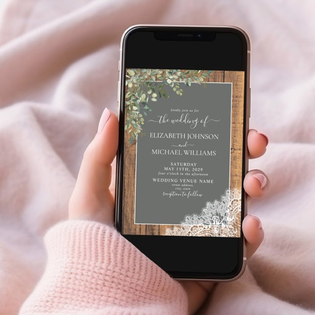 Sage Green Eukalyptus Wood Lace Script Hochzeit Einladung (Von Creator hochgeladen)