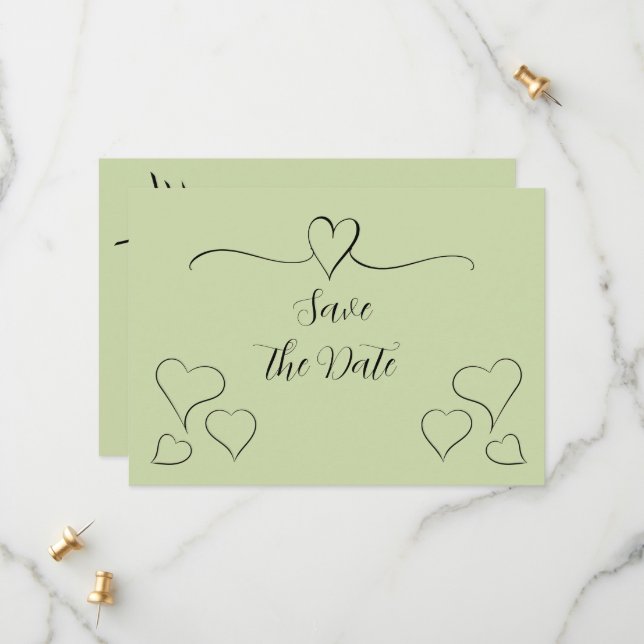 Sage Green Extravagant Calligraphy Hearts Save the Date (Vorderseite/Rückseite Beispiel)