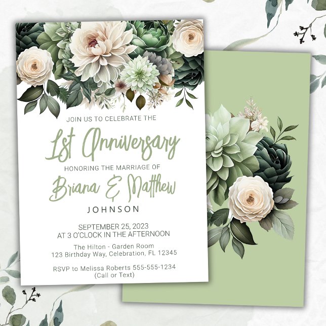 Sage Green Floral 1. Hochzeitstag Einladung (Von Creator hochgeladen)