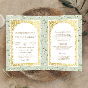 Sage Green Floral All in One Gold Indian Wedding Einladung