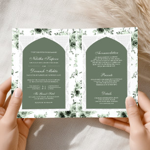 Sage Green Floral All in One Lace Indian Wedding Einladung
