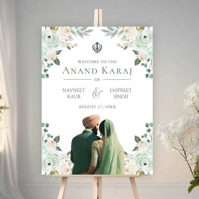 Sage Green Floral Anand Karaj Affiche de bienvenue (Créateur téléchargé)