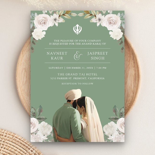 Sage Green Floral Anand Karaj Indian Sikh Wedding Einladung (Von Creator hochgeladen)