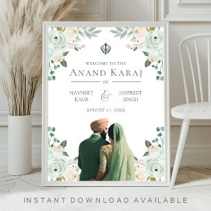 Sage Green Floral Anand Karaj Wedding Begrüßungsze Poster