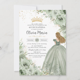 Sage Green Floral Blonde Princess Quinceañera Einladung