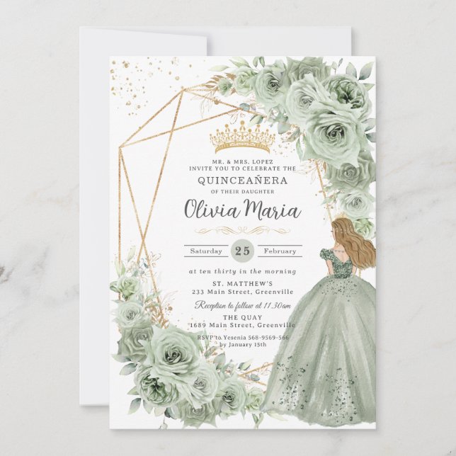 Sage Green Floral Blonde Princess Quinceañera Gold Einladung (Vorderseite)