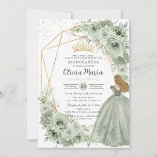 Sage Green Floral Blonde Princess Quinceañera Gold Einladung