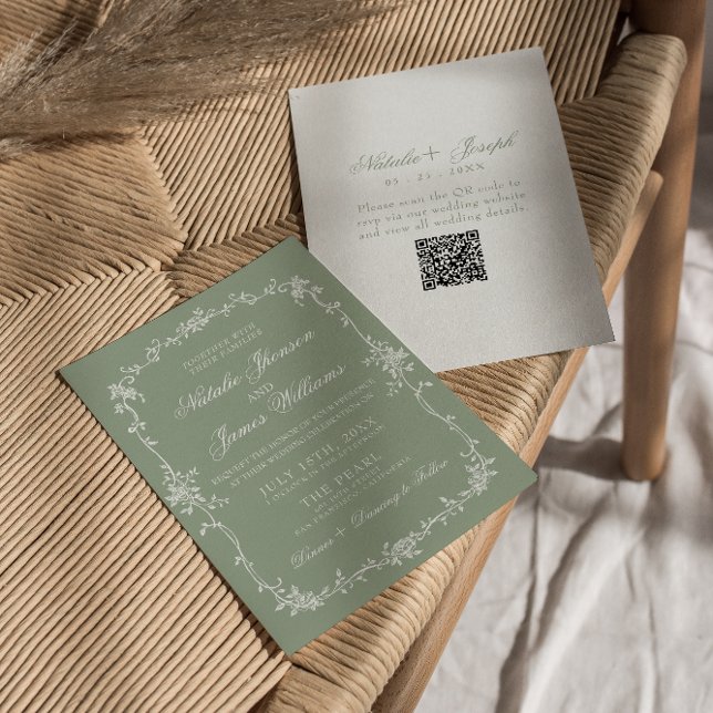 Sage Green Floral Boho Botanische QR-Code-Hochzeit Einladung (Von Creator hochgeladen)