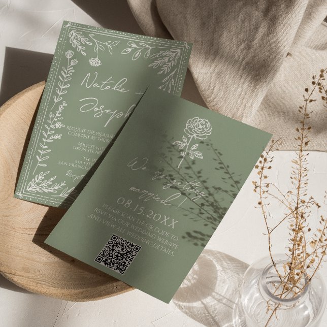 Sage Green Floral Botanical Boho QR Code Wedding Einladung (Von Creator hochgeladen)
