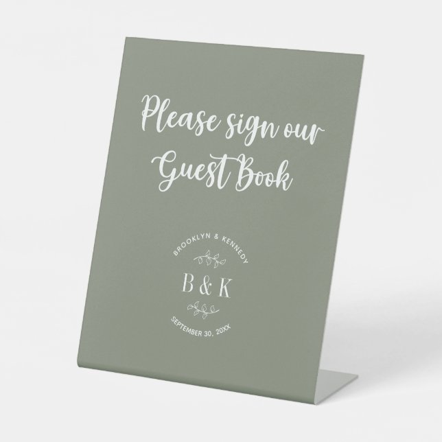 Sage Green Floral Botanical Wedding Gästebuch Sockelschild (Vorderseite)