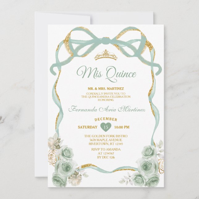 Sage Green Floral Bow Ribbon Gold Crown Mis Quince Einladung (Vorderseite)