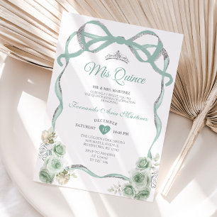 Sage Green Floral Bow Ribbon Silver Mis Quince Einladung