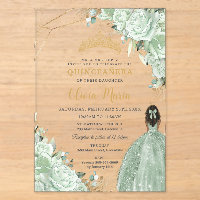 Sage Green Floral Brocess Princess Gold Quinceañer
