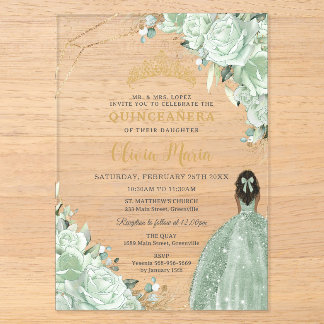 Sage Green Floral Brocess Princess Gold Quinceañer Acryleinladungen