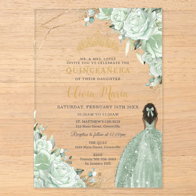 Sage Green Floral Brocess Princess Gold Quinceañer Acryleinladungen (Vorderseite)