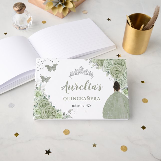 Sage Green Floral Brown Girl Prinzessin Quinceañer Gästebuch (Vorderseite Offen)