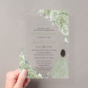 Sage Green Floral Brown Girl Silver 15 Quinceañera Acryleinladungen