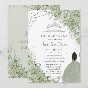 Sage Green Floral Brown Girl Silver 15 Quinceañera Einladung