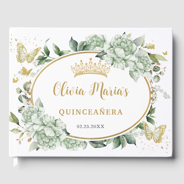 Sage Green Floral Butterfells Gold Quinceanera Gästebuch (Vorderseite)