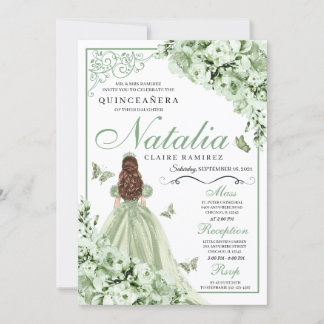 Sage Green Floral Butterfliegen Quinceanera Einladung