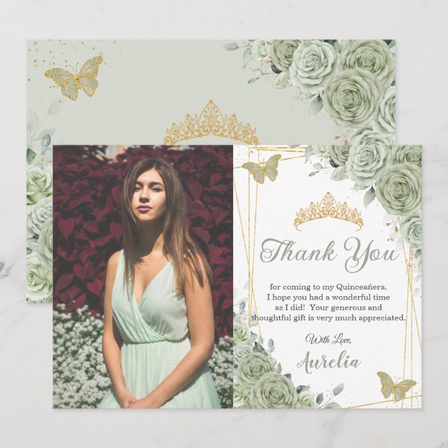 Sage Green Floral Butterfliegen Quinceañera Foto Dankeskarte (Vorne/Hinten)