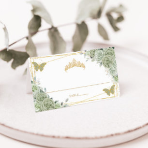 Sage Green Floral Butterfliegen Quinceañera Geburt Platzkarte