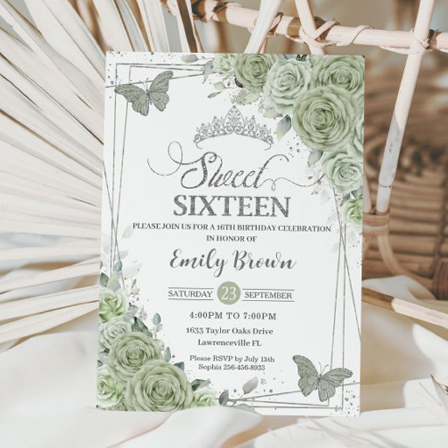 Sage Green Floral Butterfliegen Silver 16 . Geburt Einladung (Von Creator hochgeladen)