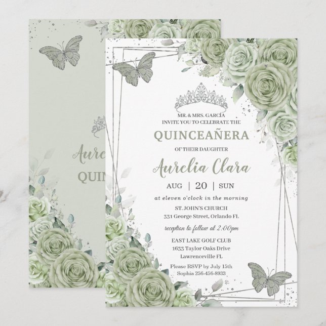 Sage Green Floral Butterfliegen Silver Quinceañera Einladung (Vorne/Hinten)