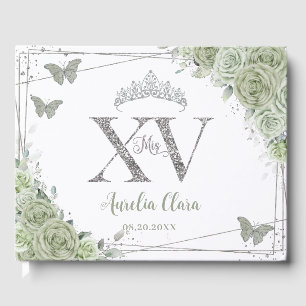 Sage Green Floral Butterfliegen Silver Quinceañera Gästebuch