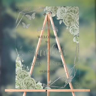 Sage Green Floral Butterfly Quinceañera XV Willkom Acrylschild