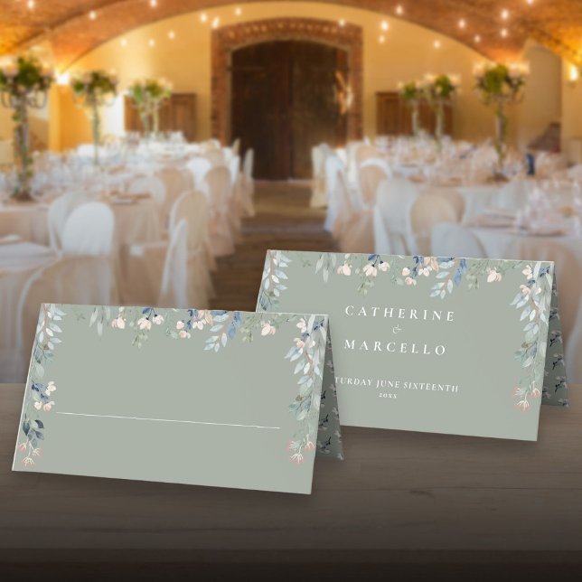 Sage Green Floral Cacscade Hochzeit Platzkarte (Sage Green Floral Cacscade Wedding Place Card)