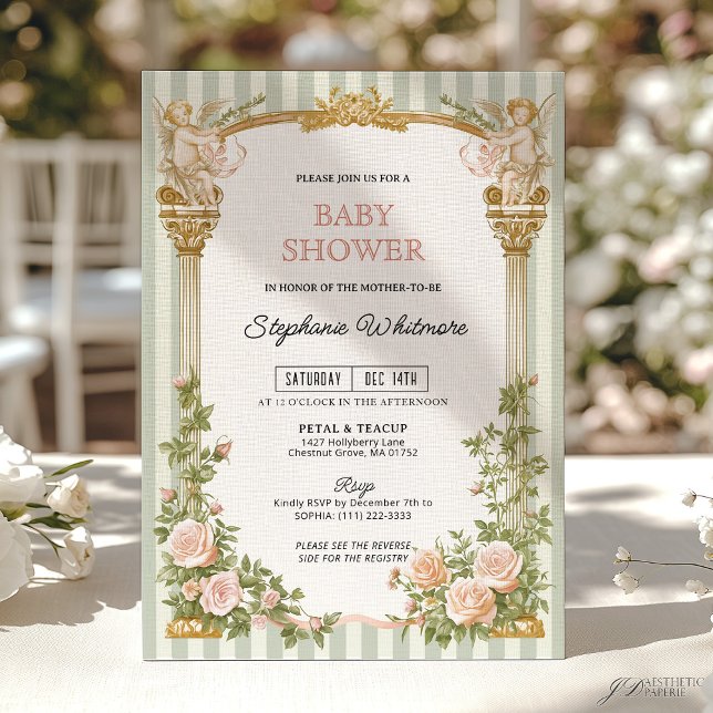 Sage Green Floral Cherub Baby Shower  Einladung (Von Creator hochgeladen)