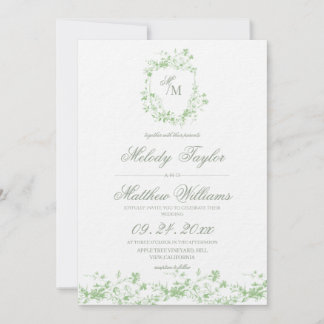 Sage Green Floral Crest Royal Calligraphy Wedding Einladung