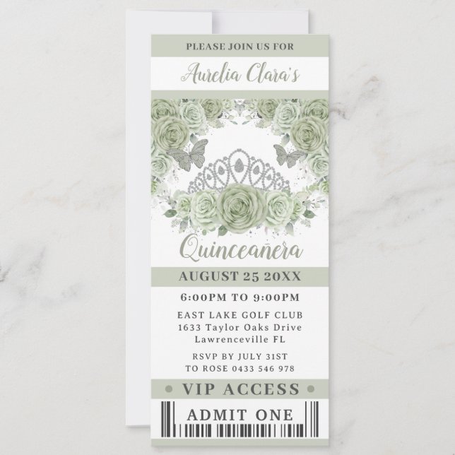 Sage Green Floral Crown Quinceañera VIP Ticket Einladung (Vorderseite)