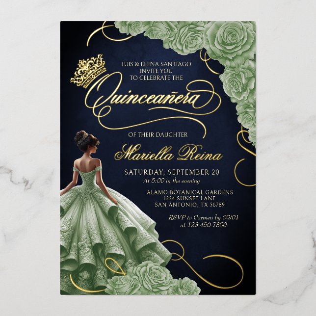 Sage Green Floral Dress Quinceañera Folieneinladung (Vorderseite)