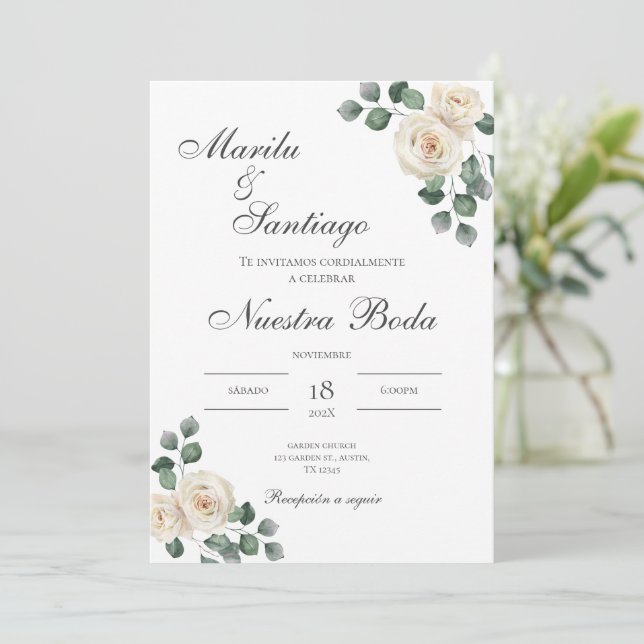 Sage Green Floral Einladung zur Hochzeit in Spanis (Stehend Vorderseite)
