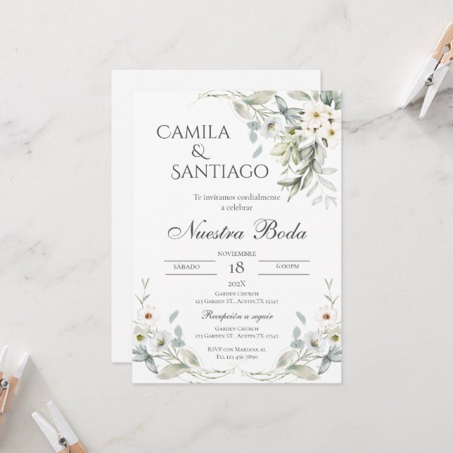 Sage Green Floral Einladung zur Hochzeit in Spanis (Vorderseite/Rückseite Beispiel)