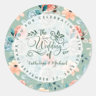 Sage Green Floral Elegant Hochzeitkalligrafie Runder Aufkleber