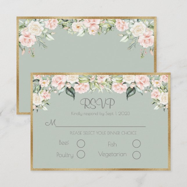 Sage Green Floral Elegante Script Hochzeit RSVP Karte (Vorne/Hinten)