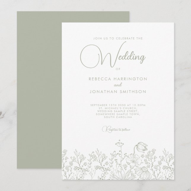 Sage Green Floral Elegante Wildblumen Hochzeit Einladung (Vorne/Hinten)
