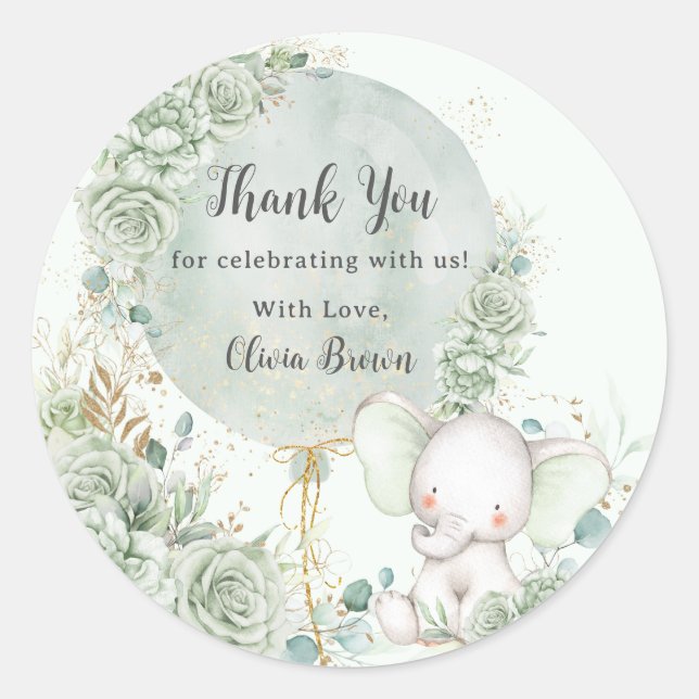 Sage Green Floral Elephant Baby Shower Runder Aufkleber (Vorderseite)