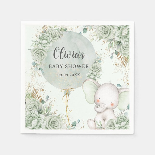 Sage Green Floral Elephant Baby Shower Serviette (Vorderseite)