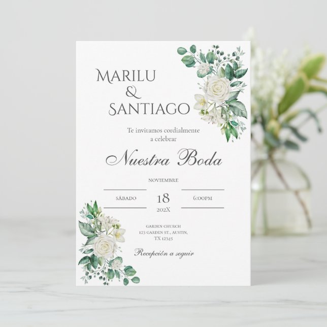 Sage Green Floral faire-part de mariage en espagno (Debout devant)
