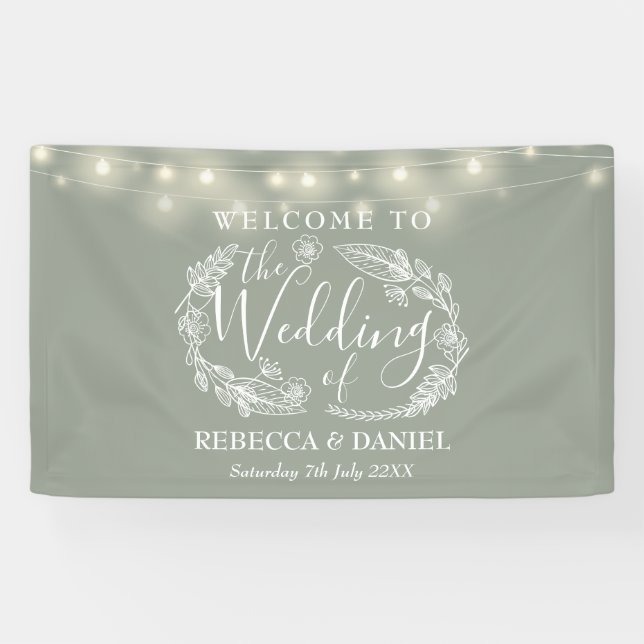 Sage Green Floral Garland Script Hochzeit Banner (Horizontal)