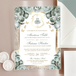 Sage Green Floral Gold Arch Muslime Hochzeit Acryleinladungen