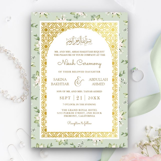 Sage Green Floral Gold Arch Muslime Hochzeit Einladung (Von Creator hochgeladen)