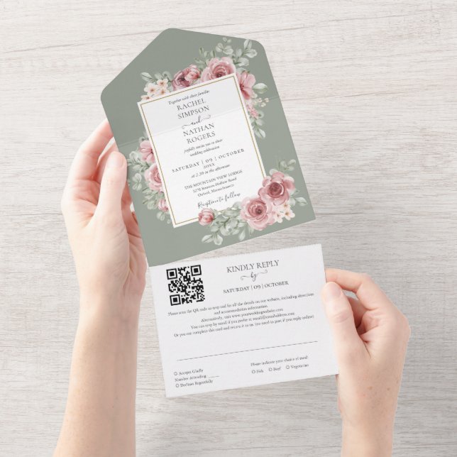 Sage Green Floral Gold Geometric QR Code Hochzeit All In One Einladung (Abreißen)